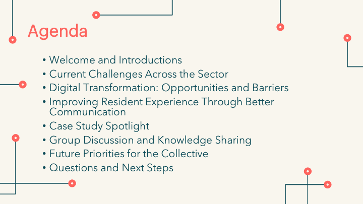 A PowerPoint slide showing an agenda from a Digital Housing Collective session