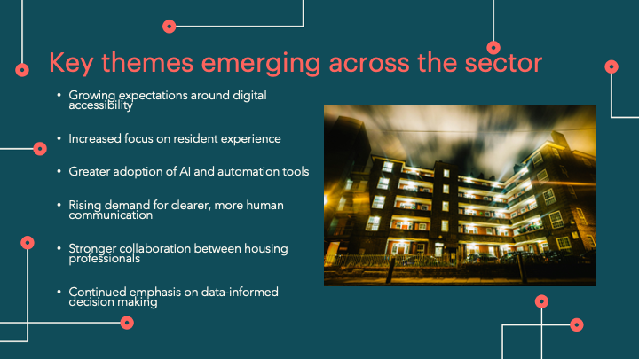 A PowerPoint slide showing som key emerging themes across the housing sector