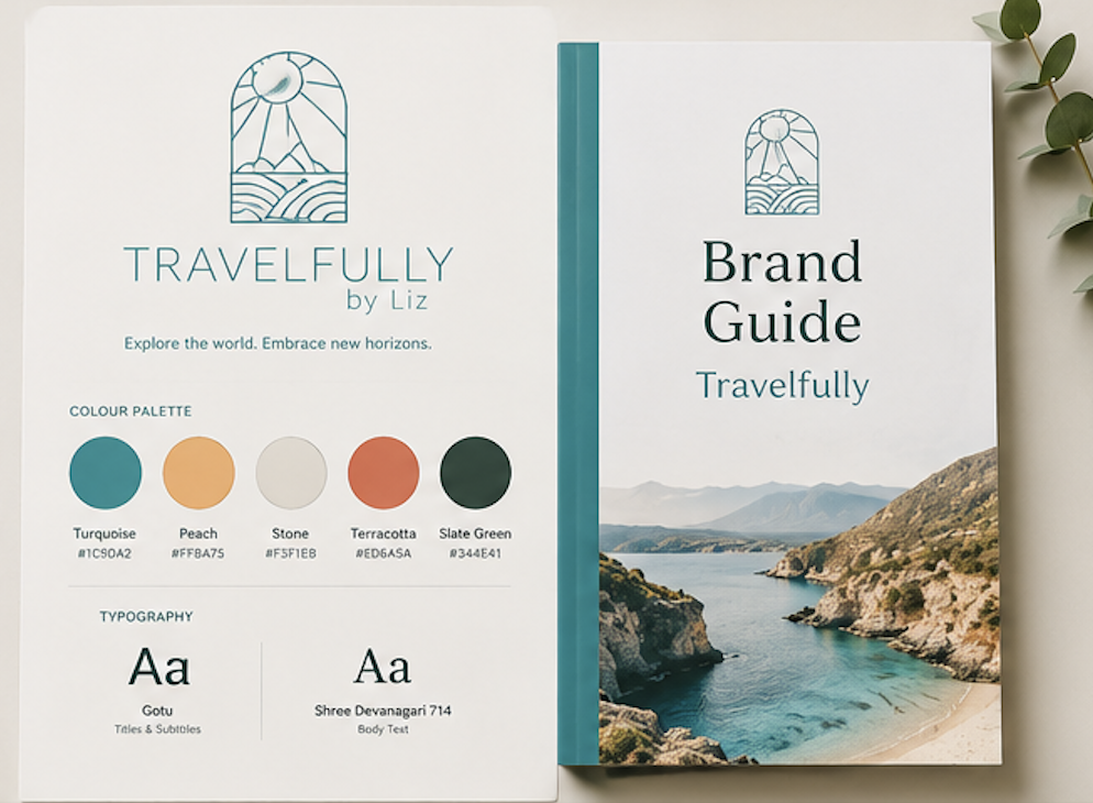 Travelfully brand guidelines showing colours, typography and visual identity standards.